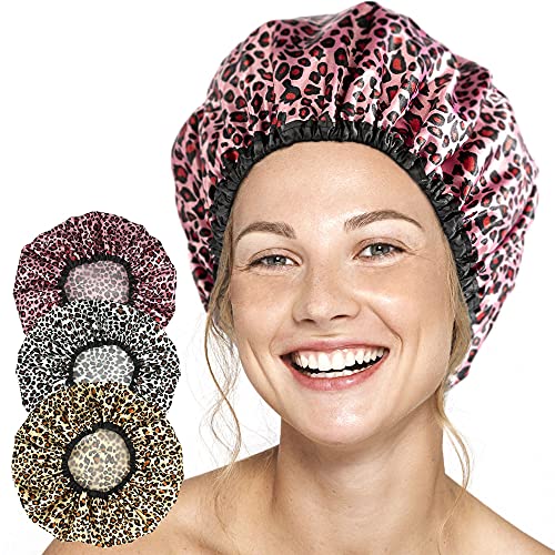 Shower Caps for Women 3 Pack in Different Designs - Large Opening for Short a...