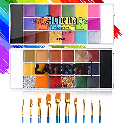 UCANBE Face Body Paint Oil Palette Set - 2 x 20 Colors with 10 Blue Paint Bru...