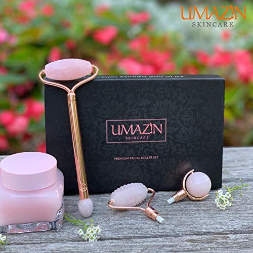 UMAZIN Metal Facial Jade Roller Set - All Natural 100% Authentic Jade Rose Qu...