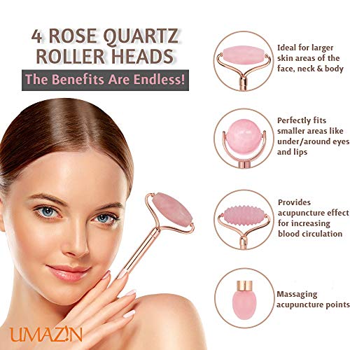 UMAZIN Metal Facial Jade Roller Set - All Natural 100% Authentic Jade Rose Qu...