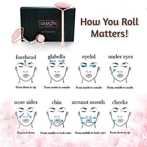 UMAZIN Metal Facial Jade Roller Set - All Natural 100% Authentic Jade Rose Qu...