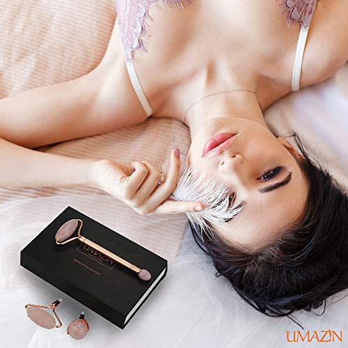 UMAZIN Metal Facial Jade Roller Set - All Natural 100% Authentic Jade Rose Qu...