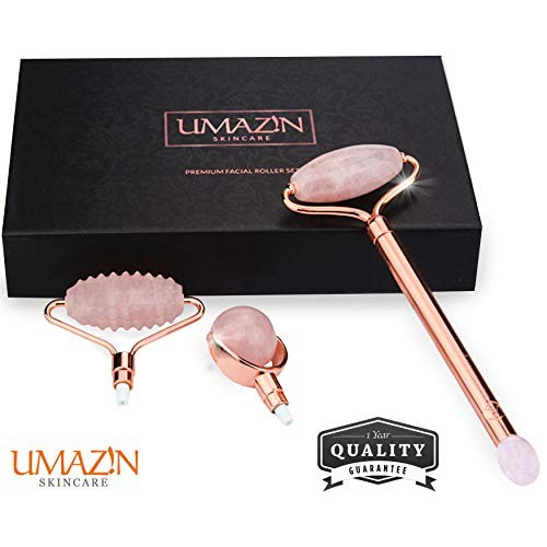 UMAZIN Metal Facial Jade Roller Set - All Natural 100% Authentic Jade Rose Qu...