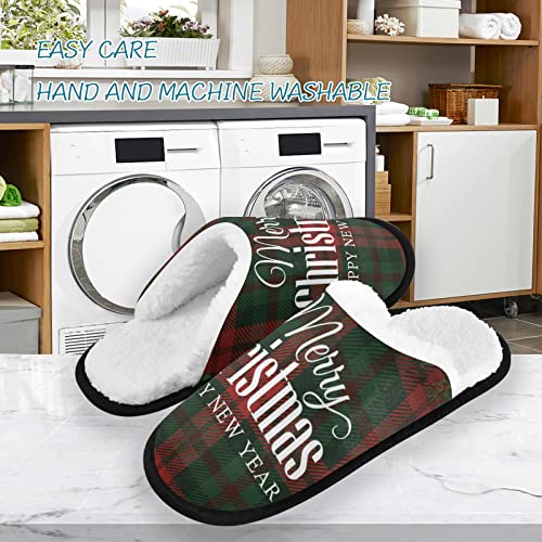 Merry Christmas Plaid Mens Slippers, Soft Memory Foam Non-Slip Indoor House S...