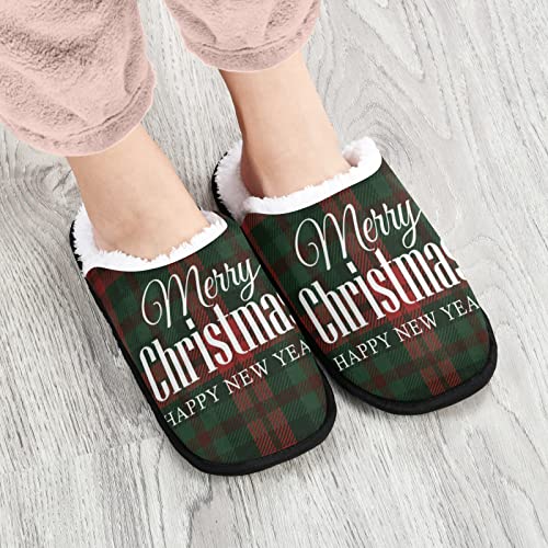 Merry Christmas Plaid Mens Slippers, Soft Memory Foam Non-Slip Indoor House S...