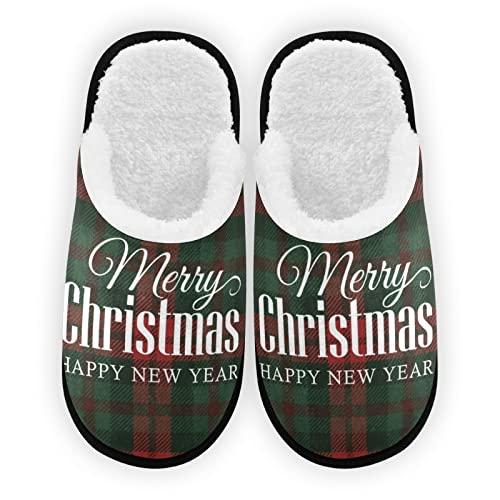 Merry Christmas Plaid Mens Slippers, Soft Memory Foam Non-Slip Indoor House S...