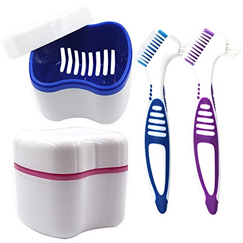 2 Packs Denture Bath Cases and 2 Packs Denture Cleaner Brushes kit, Portable ...