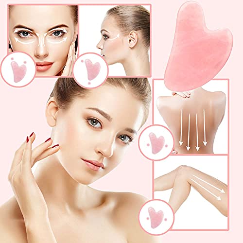 Gua Sha Massage Tool, Natural Jade Rose Quartz Gua Sha stone Pink Crystal Boa...
