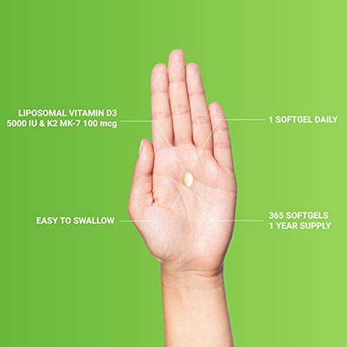 Liposomal Vitamin D3 K2 MK7 - 365 Softgels | VIT D3 5000 IU + K2 100 mcg with...