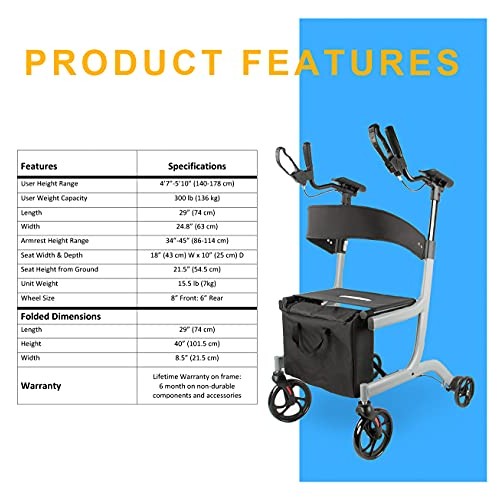 Upright Posture Walker Mobility Rollator – Ergonomic Lightest Weight and Fold...