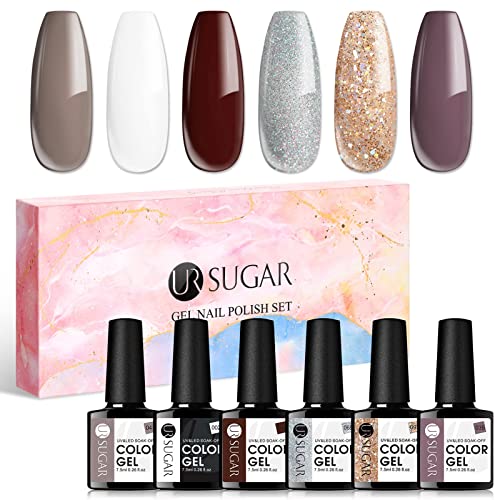 UR SUGAR Gel Nail Polish Set, 6 Pcs Nude Gel Polish Kit Sparkle Glitter Gold ...
