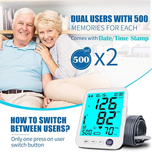 Blood Pressure Monitor Upper Arm Large LED Backlit Screen 1000 Sets Memory Au...