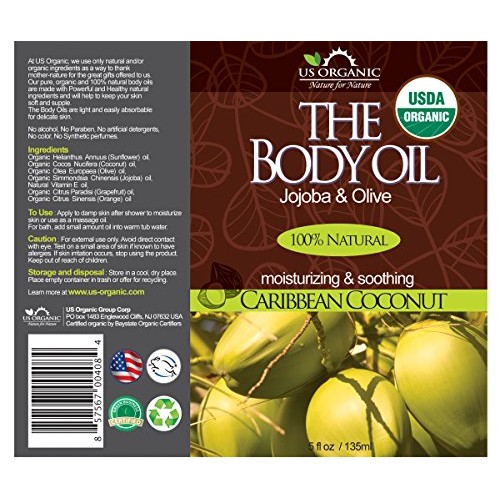 US Organic Body Oil- Smooth Caribbean Coconut - Jojoba and Olive Oil with Vit...