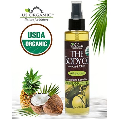 US Organic Body Oil- Smooth Caribbean Coconut - Jojoba and Olive Oil with Vit...
