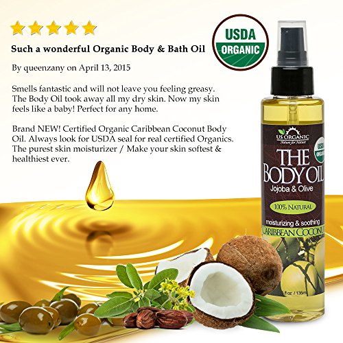 US Organic Body Oil- Smooth Caribbean Coconut - Jojoba and Olive Oil with Vit...