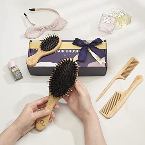 Wet Dry Hair Brush and Comb Set-Natural Bamboo Bristles Boar Detangler Hairbr...