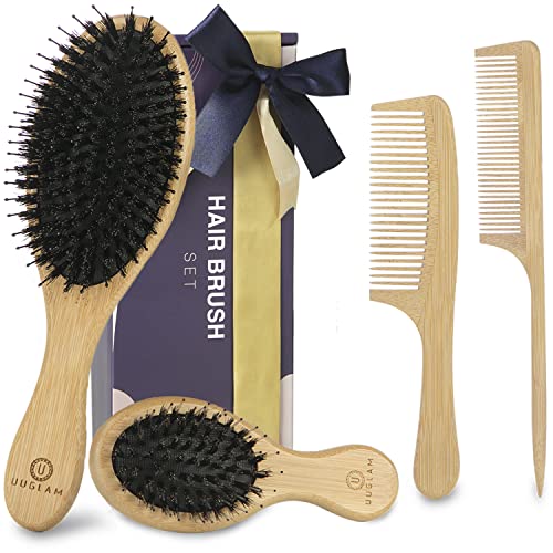 Wet Dry Hair Brush and Comb Set-Natural Bamboo Bristles Boar Detangler Hairbr...