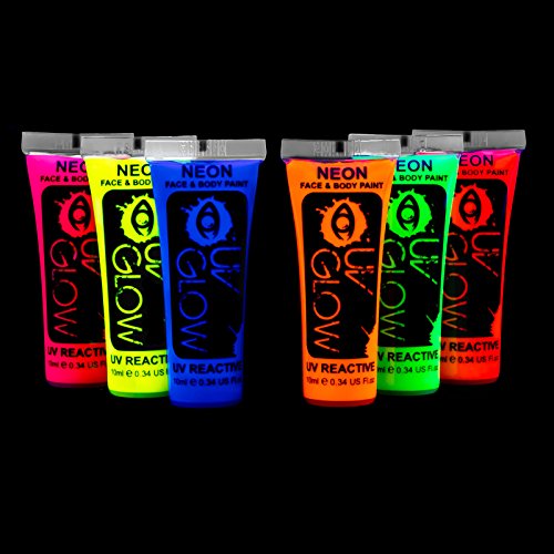 UV Glow Blacklight Face and Body Paint 0.34oz - Set of 6 Tubes - Neon Fluores...
