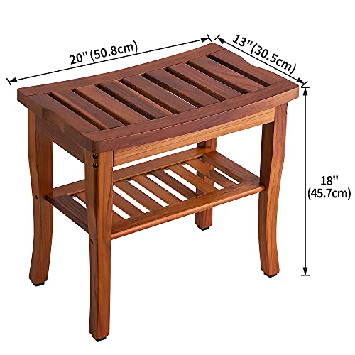 Teak Shower Bench, Spa Bath Shower Stool with Storage Shelf, Wooden Seat Stoo...