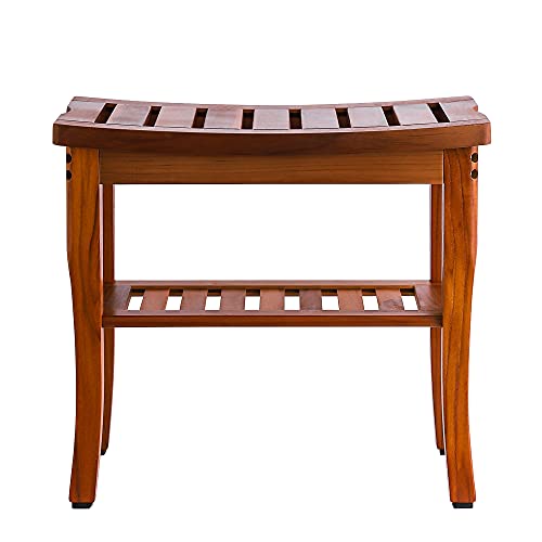Teak Shower Bench, Spa Bath Shower Stool with Storage Shelf, Wooden Seat Stoo...
