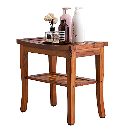 Teak Shower Bench, Spa Bath Shower Stool with Storage Shelf, Wooden Seat Stoo...