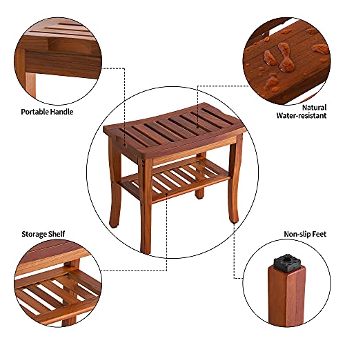 Teak Shower Bench, Spa Bath Shower Stool with Storage Shelf, Wooden Seat Stoo...