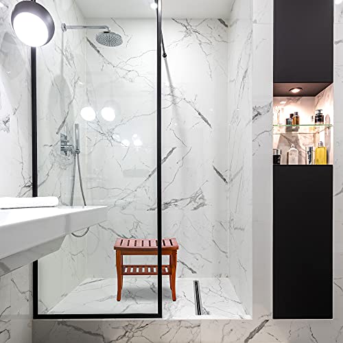 Teak Shower Bench, Spa Bath Shower Stool with Storage Shelf, Wooden Seat Stoo...