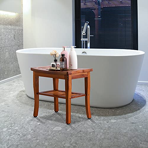 Teak Shower Bench, Spa Bath Shower Stool with Storage Shelf, Wooden Seat Stoo...