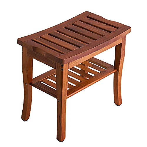 Teak Shower Bench, Spa Bath Shower Stool with Storage Shelf, Wooden Seat Stoo...