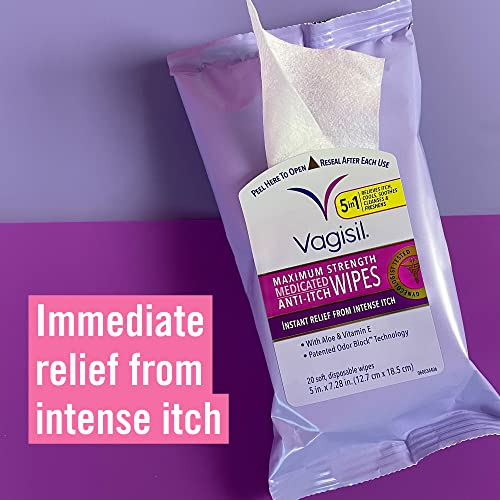 Vagisil Anti-Itch Medicated Feminine Vaginal Wipes, Maximum Strength, 20 Wipe...