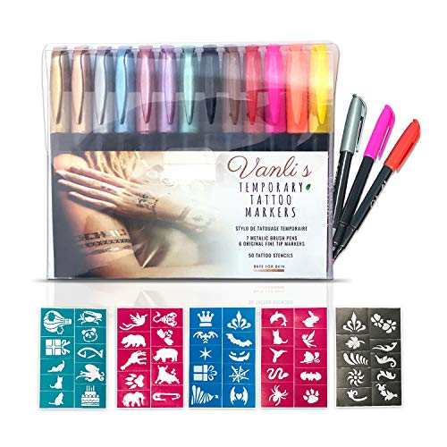 Vanli's Temporary Tattoo Pens With 50 Pieces of Tattoo Stencil Paper. Skin Sa...