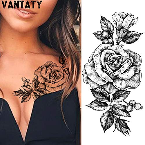 VANTATY 10 Sheets 3D Big Rose Peony Flower Girls Temporary Tattoos For Women ...