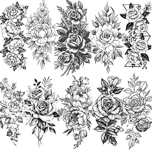 VANTATY 10 Sheets 3D Big Rose Peony Flower Girls Temporary Tattoos For Women ...