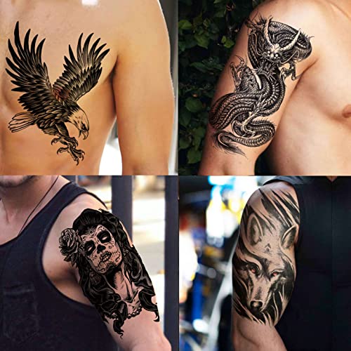 VANTATY 50 Sheets Black Temporary Tattoos For Men Adults Ealge Dragon Lion Wo...