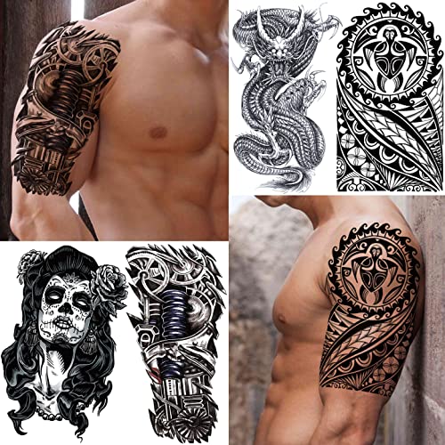 VANTATY 50 Sheets Black Temporary Tattoos For Men Adults Ealge Dragon Lion Wo...