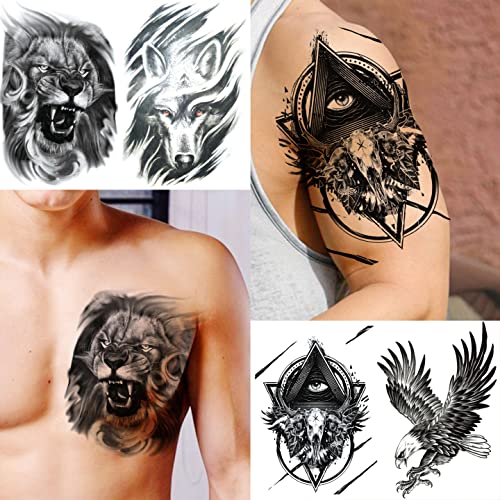 VANTATY 50 Sheets Black Temporary Tattoos For Men Adults Ealge Dragon Lion Wo...