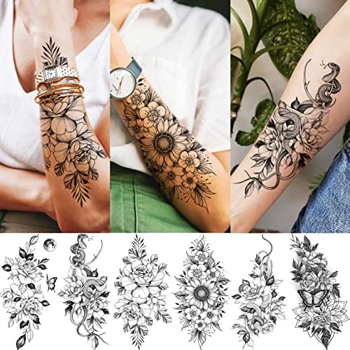 VANTATY 64 Sheets 3D Snake Flower Temporary Tattoos For Women Girls Neck Arm,...