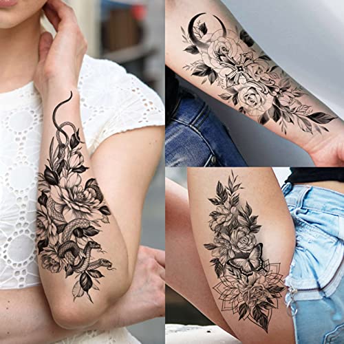 VANTATY 64 Sheets 3D Snake Flower Temporary Tattoos For Women Girls Neck Arm,...