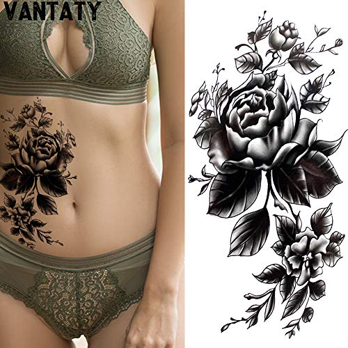 VANTATY 8 Sheets Petal 3D Black Flower Rose Temporary Tattoos For Women Water...