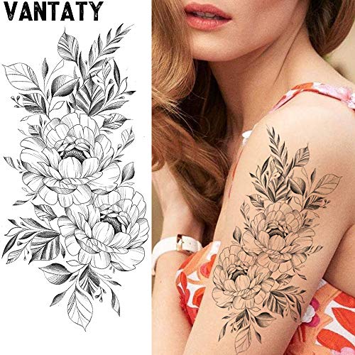 VANTATY 8 Sheets Petal 3D Black Flower Rose Temporary Tattoos For Women Water...