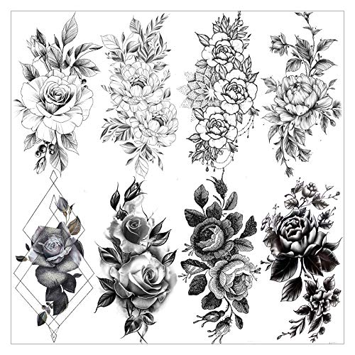 VANTATY 8 Sheets Petal 3D Black Flower Rose Temporary Tattoos For Women Water...