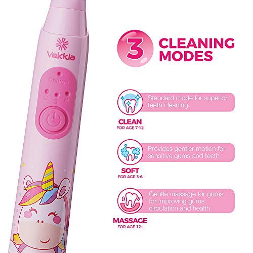 Vekkia Sonic Rechargeable Kids Electric Toothbrush, 3 Modes with Memory, Fun ...