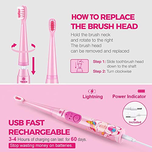 Vekkia Sonic Rechargeable Kids Electric Toothbrush, 3 Modes with Memory, Fun ...