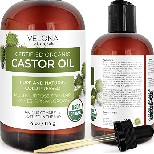 Velona USDA Certified Organic Castor Oil - 4 oz (With Dropper) | For Hair Gro...