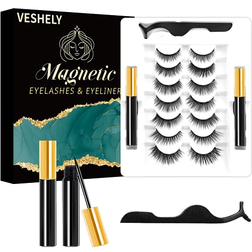 VESHELY Magnetic Eyelashes with Eyeliner Kit,7 Pairs Natural Reusable Magneti...