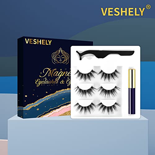 VESHELY Mink Magnetic Eyelashes with Eyeliner,3 Pairs Mink Dramatic Faux Magn...