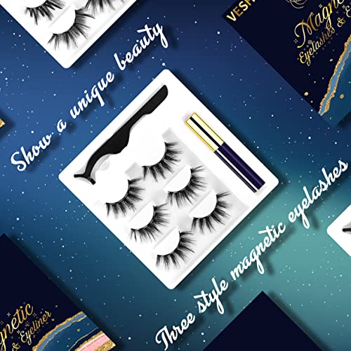 VESHELY Mink Magnetic Eyelashes with Eyeliner,3 Pairs Mink Dramatic Faux Magn...