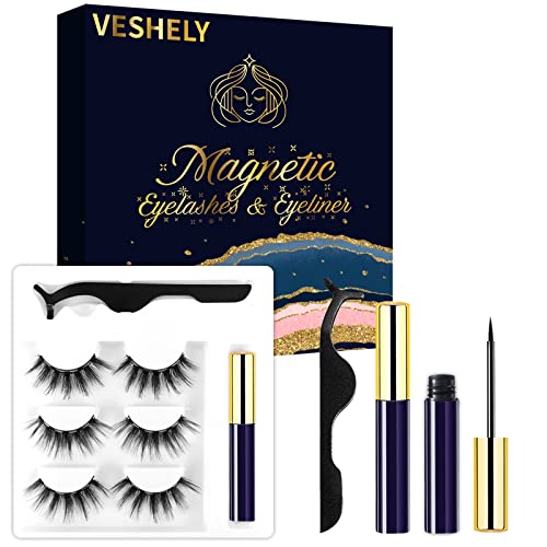 VESHELY Mink Magnetic Eyelashes with Eyeliner,3 Pairs Mink Dramatic Faux Magn...