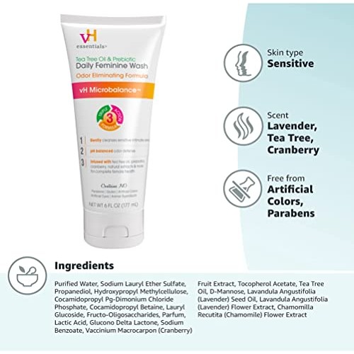 vH essentials, Ph Balanced Daily Feminine Wash, Tea Tree Oil & Prebiotic, 6, ...
