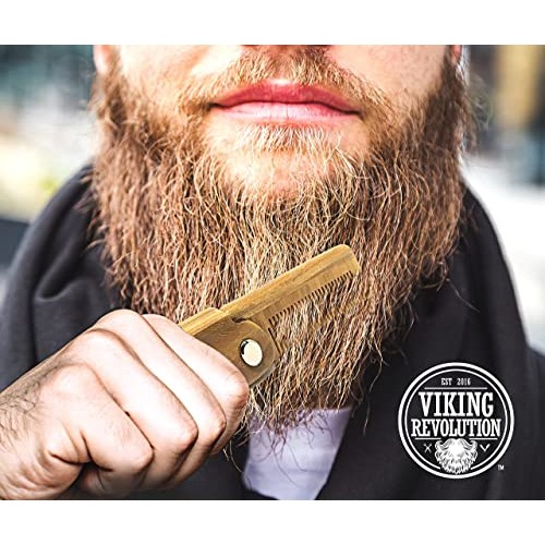 Folding Beard Comb w/Carrying Pouch for Men - All Natural Wooden Beard Comb w...